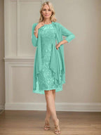 Sheath/Column Scoop Illusion Knee-Length Lace Chiffon Mother of the Bride Dress With Cascading Ruffles Sequins
