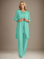 Chiffon Scoop Long Sleeves Mother Of The Bride Pantsuits With Jacket
