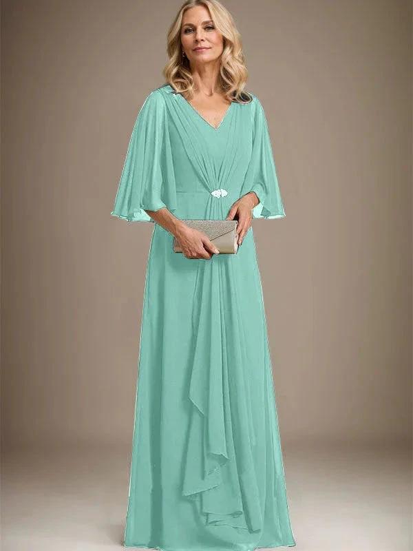A-line V-Neck Floor-Length Chiffon Mother of the Bride Dress With Cascading Ruffles Crystal Brooch