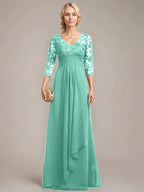 A-line V-Neck Floor-Length Lace Chiffon Mother of the Bride Dress With Cascading Ruffles Sequins