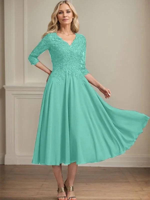 A-line V-Neck Tea-Length Chiffon Lace Mother of the Bride Dress With Beading Sequins