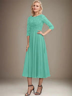 A-line Scoop Tea-Length Lace Chiffon Mother of the Bride Dress With Sequins