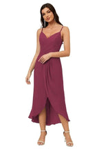 Numbersea Spaghetti Chiffon V Neck Bridesmaid Dress Mid-Length Slit Formal Prom Dress Homecoming Dress 2803