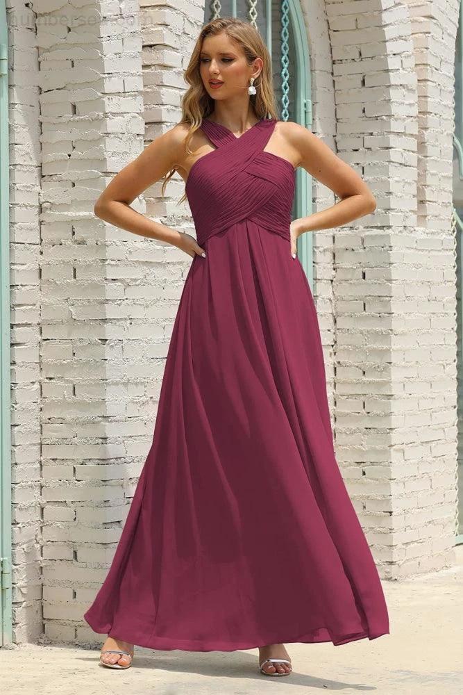 Numbersea Women Halter Chiffon Bridesmaid Dress A-line Long Formal Prom Gown SEA28015