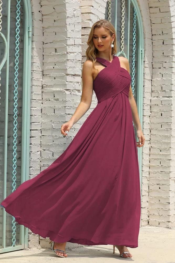 Numbersea Women Halter Chiffon Bridesmaid Dress A-line Long Formal Prom Gown SEA28015