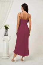 Numbersea Spaghetti Chiffon V Neck Bridesmaid Dress Mid-Length Slit Formal Prom Dress Homecoming Dress 2803