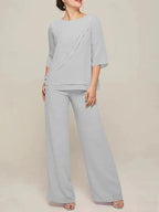 Jumpsuits Scoop Half Sleeves Chiffon Mother Of The Bride Pantsuits with Ruffles