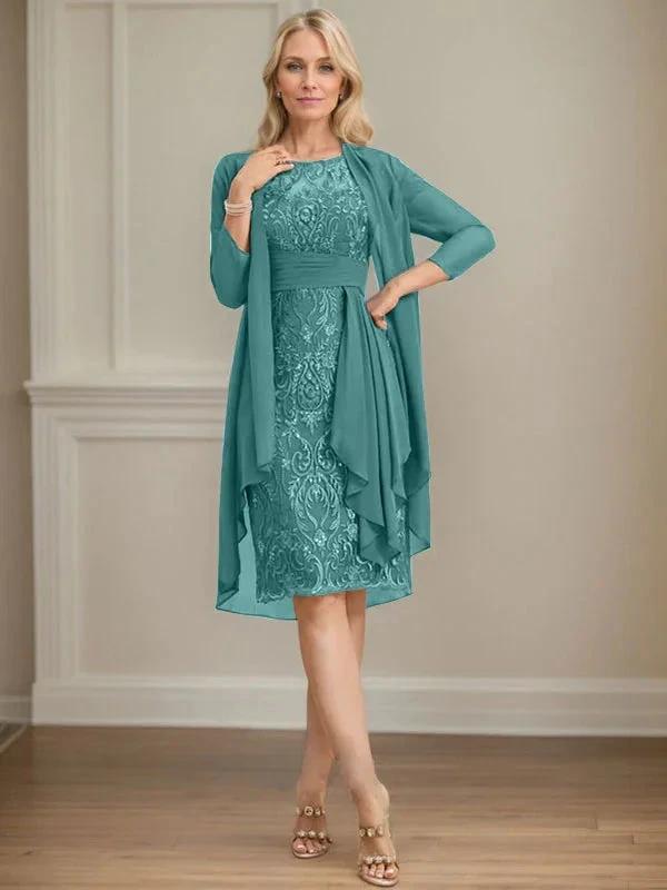 Sheath/Column Scoop Illusion Knee-Length Lace Chiffon Mother of the Bride Dress With Cascading Ruffles Sequins