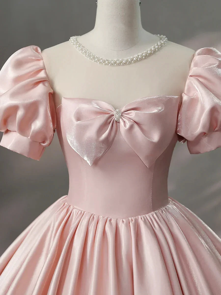 Beautiful Pink Scoop Neck Satin Floor Length Prom Dress A-Line Short Sleeve Evening Dress with Bow Y6082
