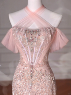 Classy Pink Halter Sequin Beaded Tulle Mermaid Evening Dress Long Prom Dress Y8620
