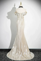 Charming Champagne Off The Shoulder Satin Prom Dress Mermaid Evening Gown Y8202