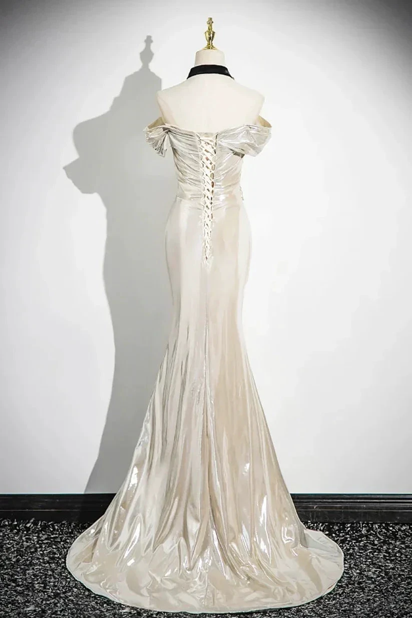 Charming Champagne Off The Shoulder Satin Prom Dress Mermaid Evening Gown Y8202