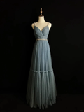 Simple Blue Tulle Beaded A Line Evening Dress Spaghetti Straps V Neck Prom Dress Y8649