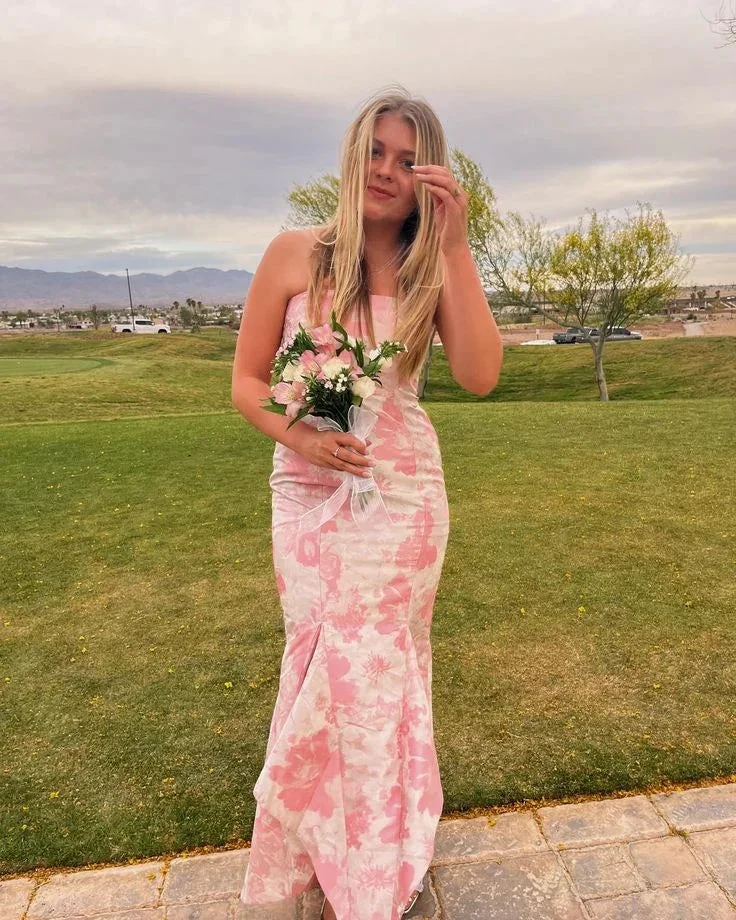 Sweet Pink Satin Print Floral Evening Dress Mermaid Prom Dress Y7828