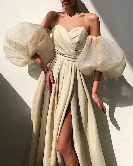 Women's Puffy Sleeve Prom Dresses with Slit Glitter Romantic Fairy Long Evening Gown ,Y2420