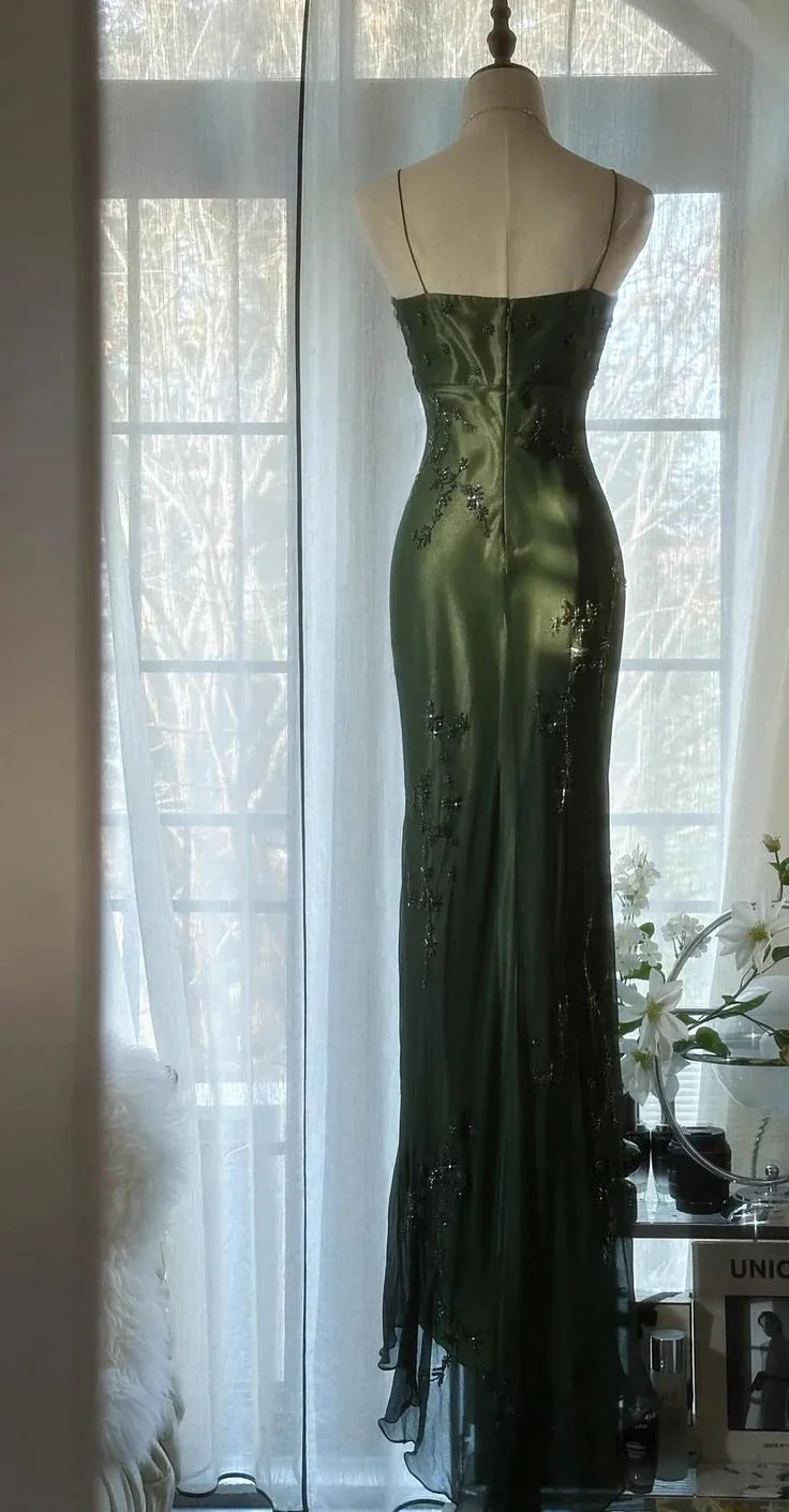 Vintage Dark Green Bodycon Satin Beaded Prom Dress Long Evening Dress Y8557