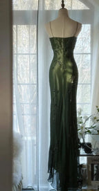 Vintage Dark Green Bodycon Satin Beaded Prom Dress Long Evening Dress Y8557