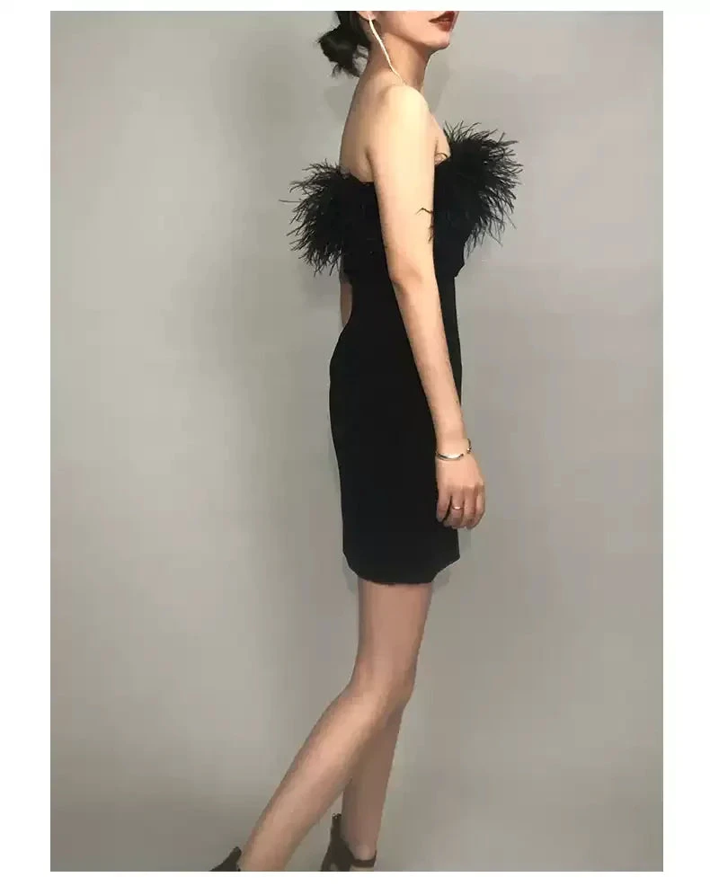 Womens Feather Off Shoulder Bandage Dresses Side Split Cocktail Party Bodycon Dress Black Short Homecoming Dress Y1356