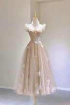 Champagne Lace Tea Length Prom Dresses A-Line Evening Dresses Y6471