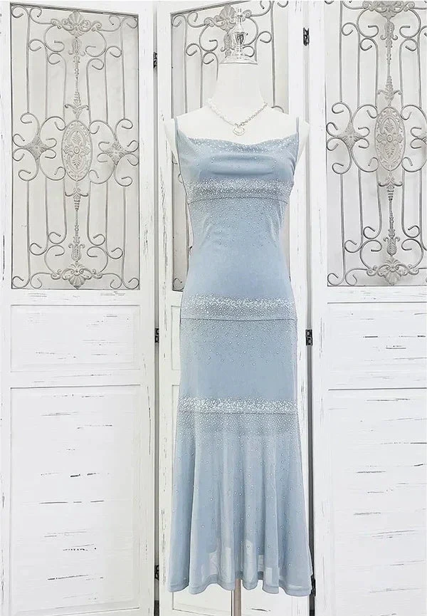 Classy Spaghetti Straps Blue Chiffon Beaded Prom Dress Evening Dress Y8248