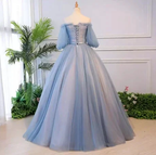 Unique blue tulle lace long prom dress blue evening dress S13770