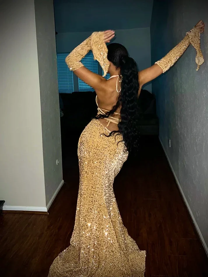 Black Girl Sexy Halter Sequin Red Prom Dress Long Mermaid Evening Dress Y7822