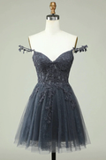 Cute A Line Spaghetti Straps Grey Short Homecoming Dress with Appliques Y2397