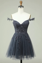 Cute A Line Spaghetti Straps Grey Short Homecoming Dress with Appliques Y2397