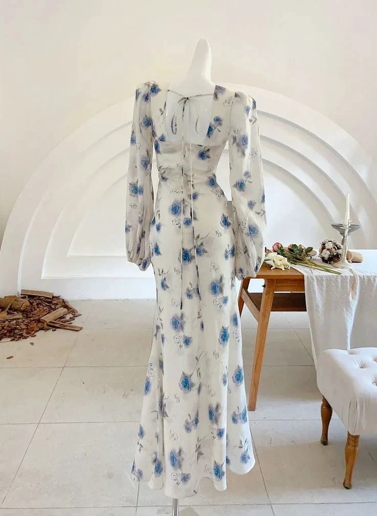 Elegant Ice Blue Rose Chiffon Print Floral Prom Dress Long Mermaid Evening Dress Y8407