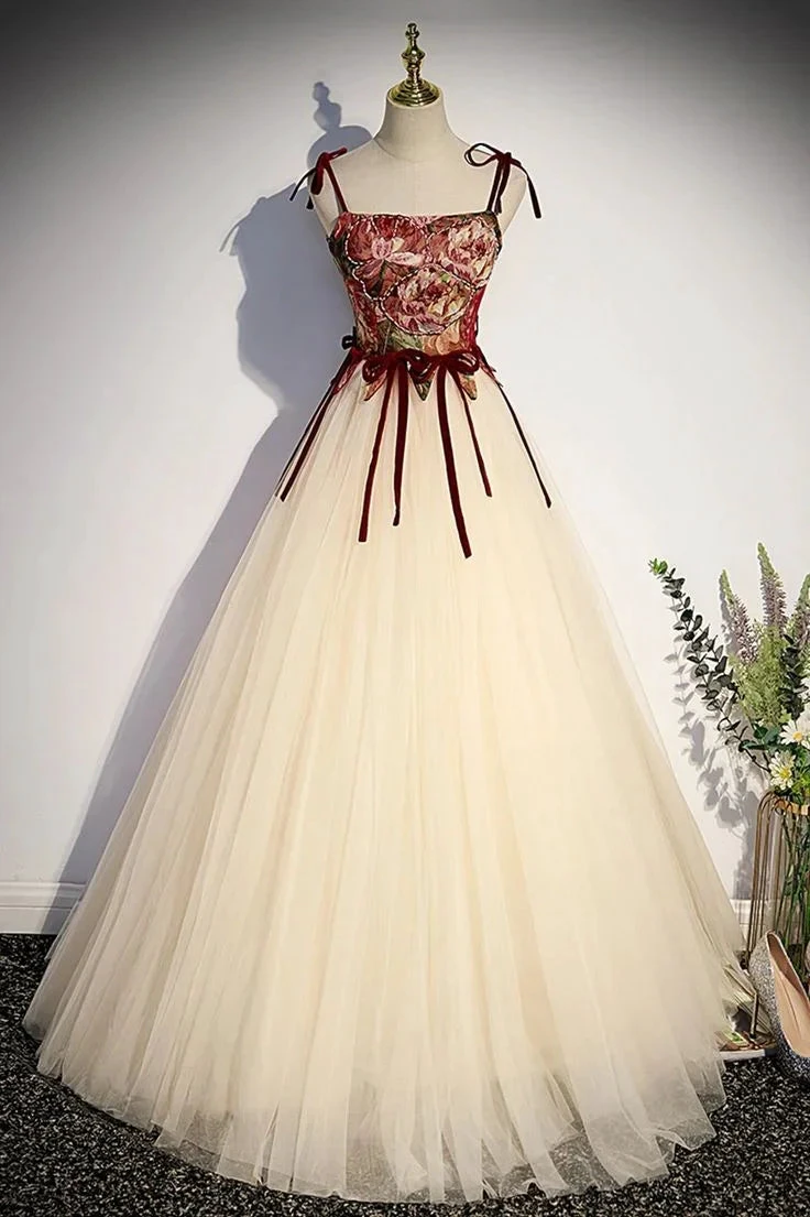 Champagne Tulle Spaghetti Strap Long Prom Dress  A Line Party Ball Gown Y7952