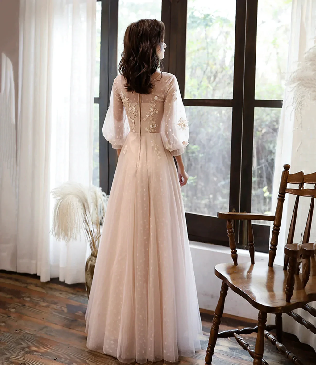 Cute tulle lace long prom dress A line evening dress Y1291