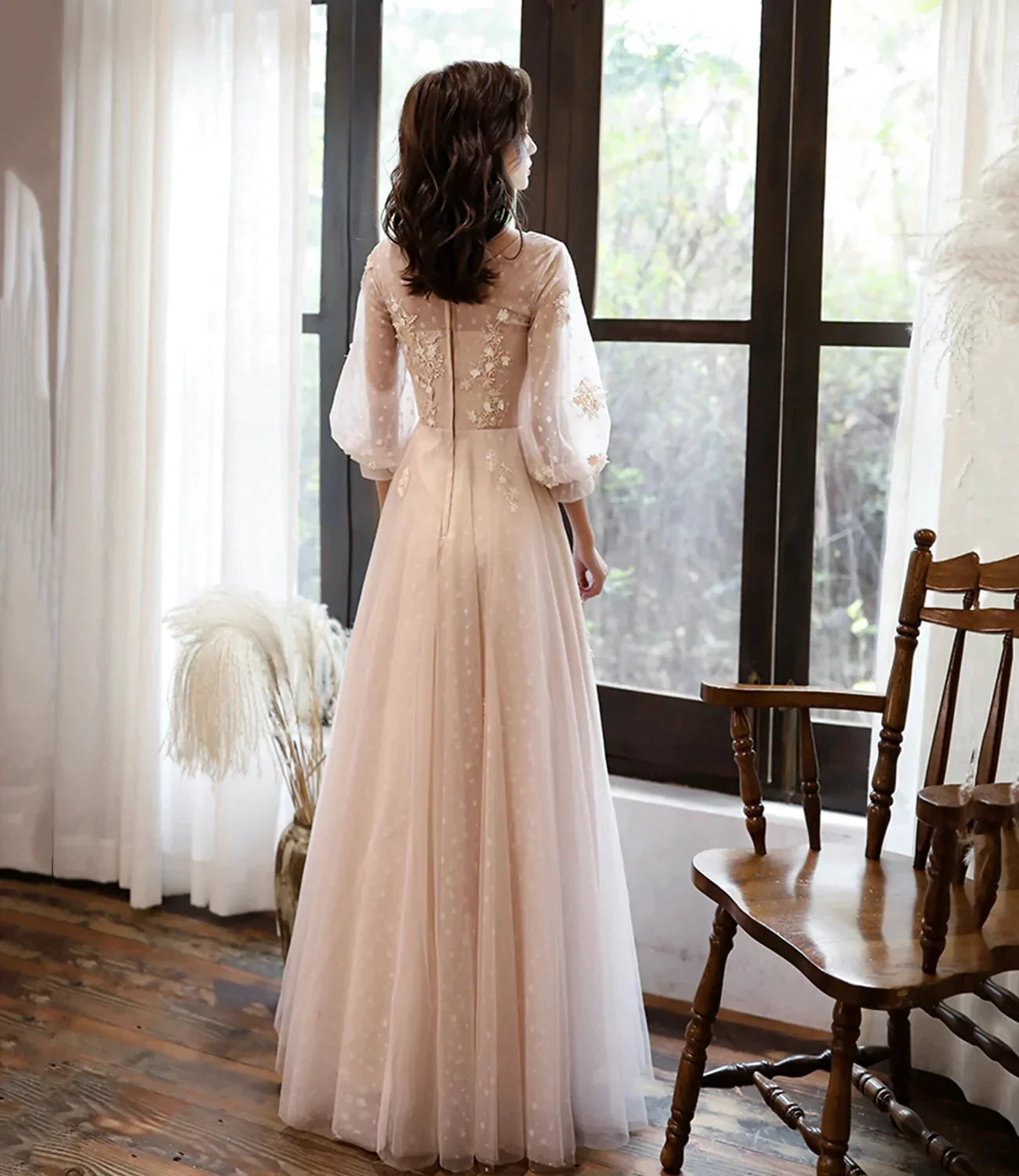 Cute tulle lace long prom dress A line evening dress Y1291