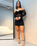Sexy Black Waist See-through Bodycon Dress Black Homecoming Dress Y2955