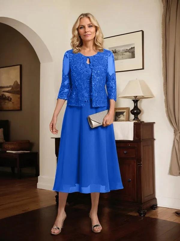 A-line Scoop Tea-Length Lace Chiffon Mother of the Bride Dress With Sequins