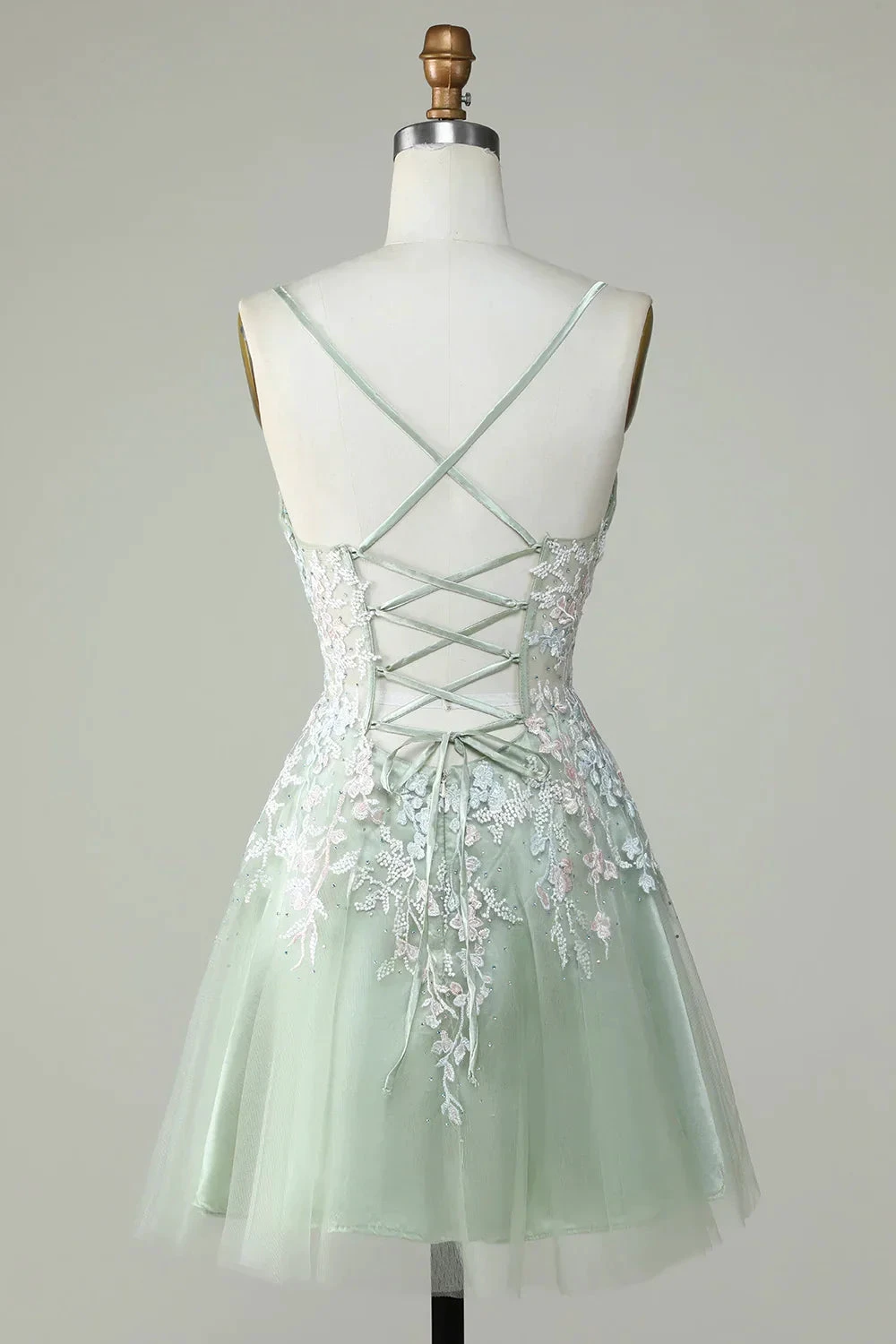 Dusty Sage Spaghetti Straps Homecoming Dress With Criss Cross Back Y2925
