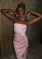 Pink Elegant Mermaid Evening Dress Strapless Pleated Prom Dress Y8126