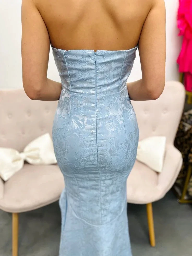 Chic Strapless Mermaid Evening Dress Blue Satin Print Prom Dress Y8234