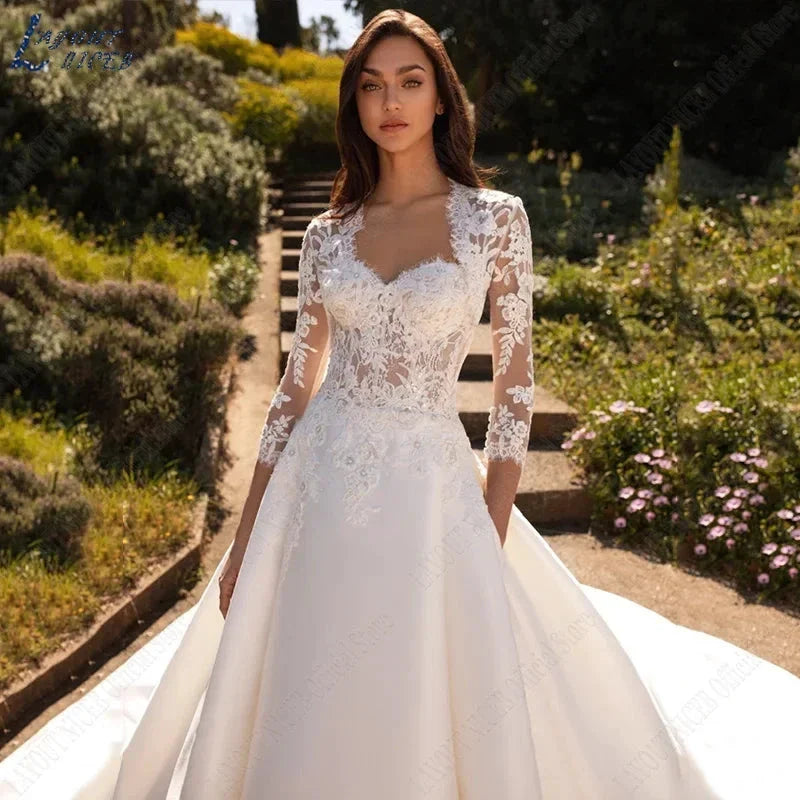 Wedding Dresses For Woman Lace Half Sleeves Luxury Satin Bridal Gown Illusion Appliqued Bride Vestidos De Boda 2023