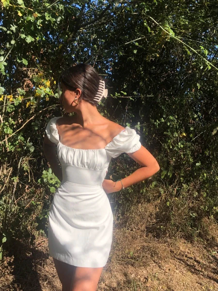 Vintage Square Neckline White Homecoming Dress White Mini Dress Y3083