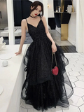 Shiny Black V Neck Prom Dresses, Backless Black V Neck Formal Evening Gown Y1148