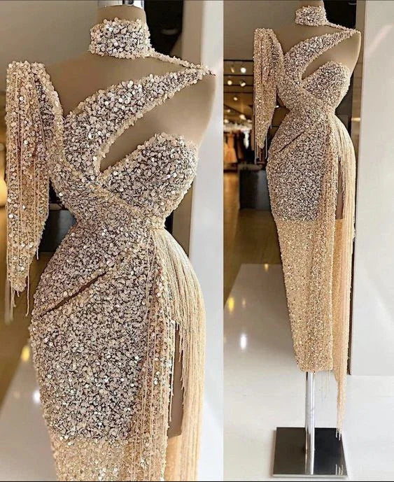 Sparkly Sequin Evening Dress Side Slit Prom Dress One Shoulder Tassels Custom Made Y6411