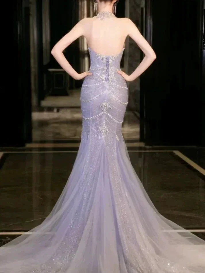Gorgeous Lilac Tulle Beaded Wedding Prom Dress Mermaid Evening Dress Y8057