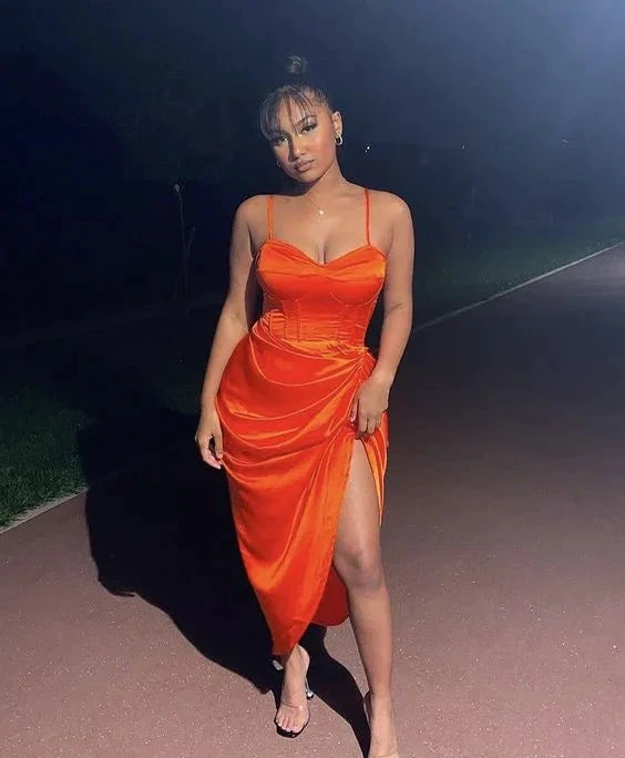 Chic Orange Spaghetti Straps Evening Dress Orange Party Gown Y6354