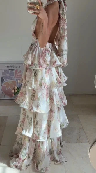 Glamorous Chiffon Print Floral A Line Backless Prom Dress V Neck Halter Layered Evening Dress Y8501