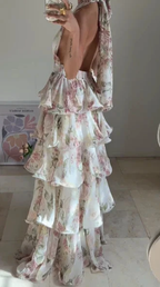 Glamorous Chiffon Print Floral A Line Backless Prom Dress V Neck Halter Layered Evening Dress Y8501
