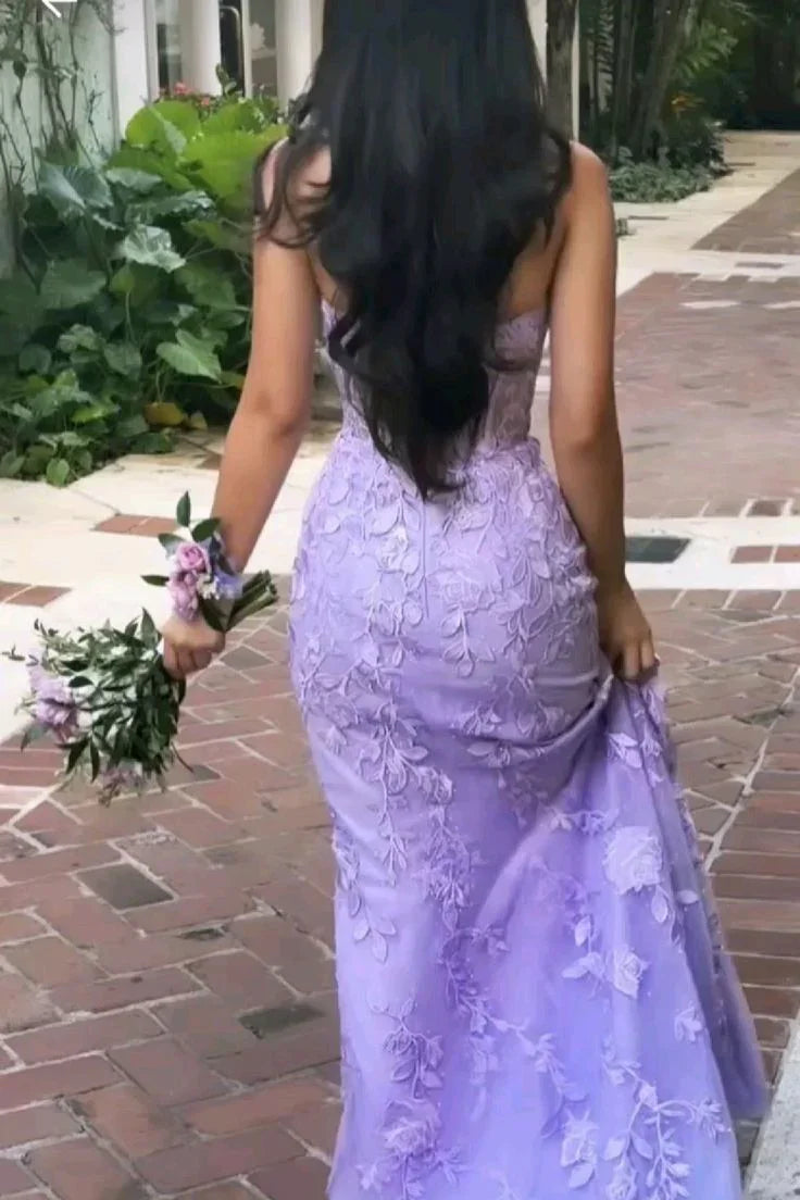 Purple Strapless Tulle Lace Appliques Evening Dress Mermaid Prom Dress Y7910
