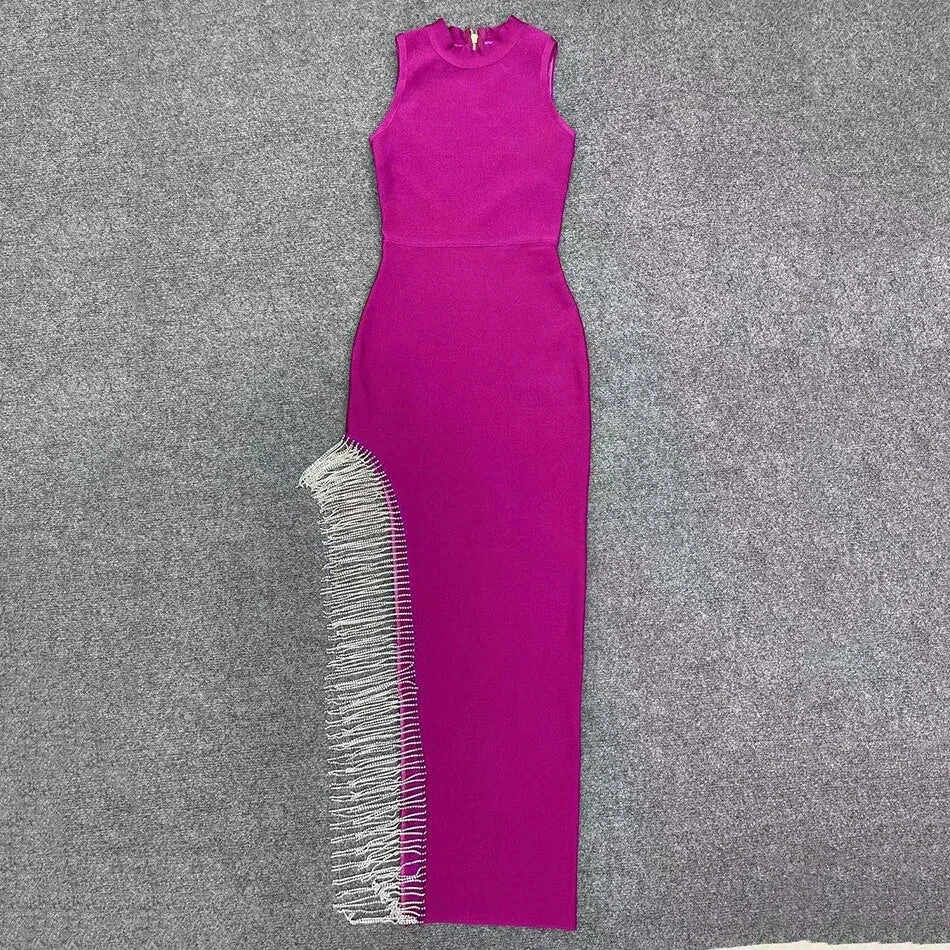 Women's Sexy Shiny Slit Fringe Bandage Dress Elegant Long Evening Dress Y407