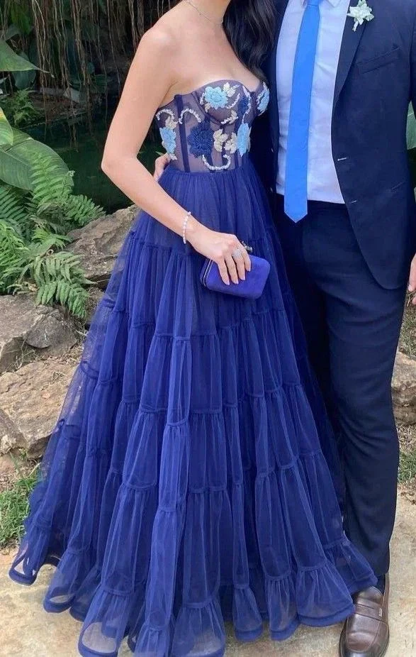 A Line Navy Blue Long Prom Dresses Popular Sweetheart Tulle Evening Dresses Y5378