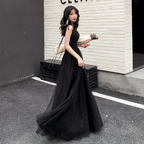 Black tulle beads long prom dress black evening dress Y1134