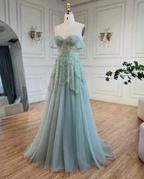 Sage Green A-Line Off The Shoulder Tulle Beaded Evening Dress Formal Prom Dress Y8157